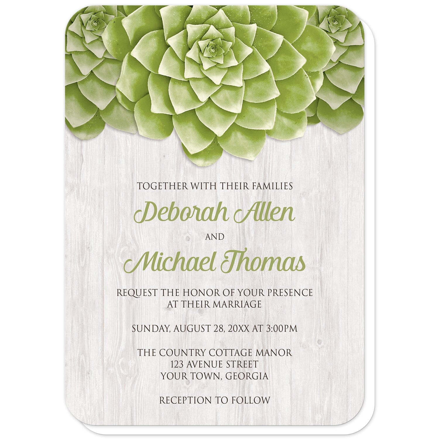 Succulent Whitewashed Wood Wedding Invitations (with rounded corners) at Artistically Invited. Cool and fresh succulent whitewashed wood wedding invitations with three large green succulents along the top of the invitations over a rustic whitewashed wood background design. Your personalized marriage celebration details are custom printed in green and dark brown over the whitewashed wood background below the succulents. 