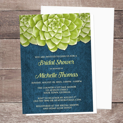 Succulent Green Blue Denim Bridal Shower Invitation shown on a wooden surface with a white envelope.