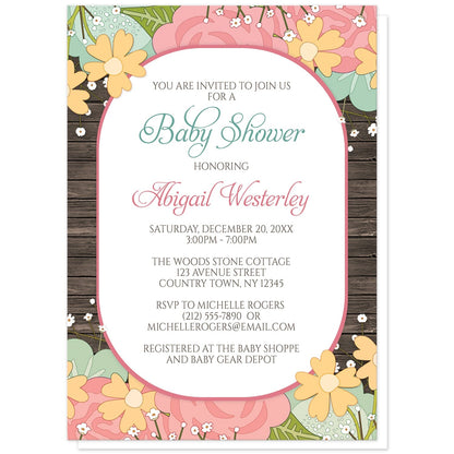 Summer Floral Wood Rustic Baby Shower Invitations at Artistically Invited. Flowery and sweet summer floral wood rustic baby shower invitations designed with a pink and teal floral theme with orange flowers, green leaves, and baby's breath along the top and bottom of the invitations. Your personalized baby shower celebration details are custom printed in teal, pink, and brown on white in the center over a rustic wood background between the flowers. 