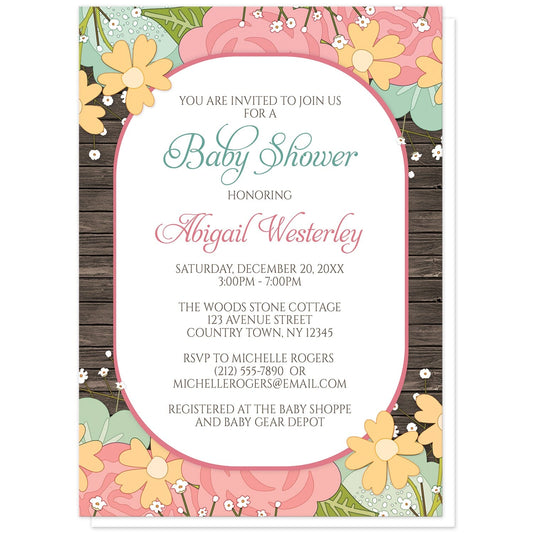 Summer Floral Wood Rustic Baby Shower Invitations at Artistically Invited. Flowery and sweet summer floral wood rustic baby shower invitations designed with a pink and teal floral theme with orange flowers, green leaves, and baby's breath along the top and bottom of the invitations. Your personalized baby shower celebration details are custom printed in teal, pink, and brown on white in the center over a rustic wood background between the flowers. 