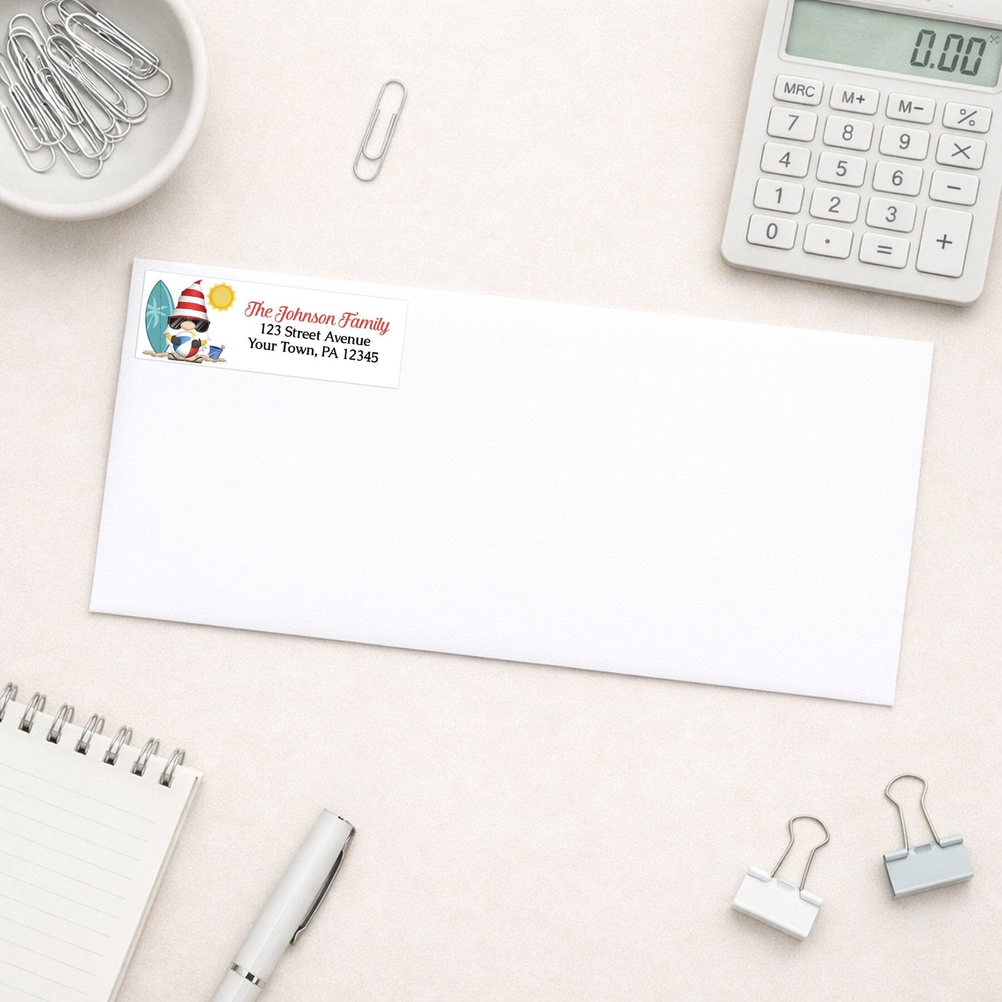 Summer Beach Gnome Address Label shown on a white envelope with office supplies