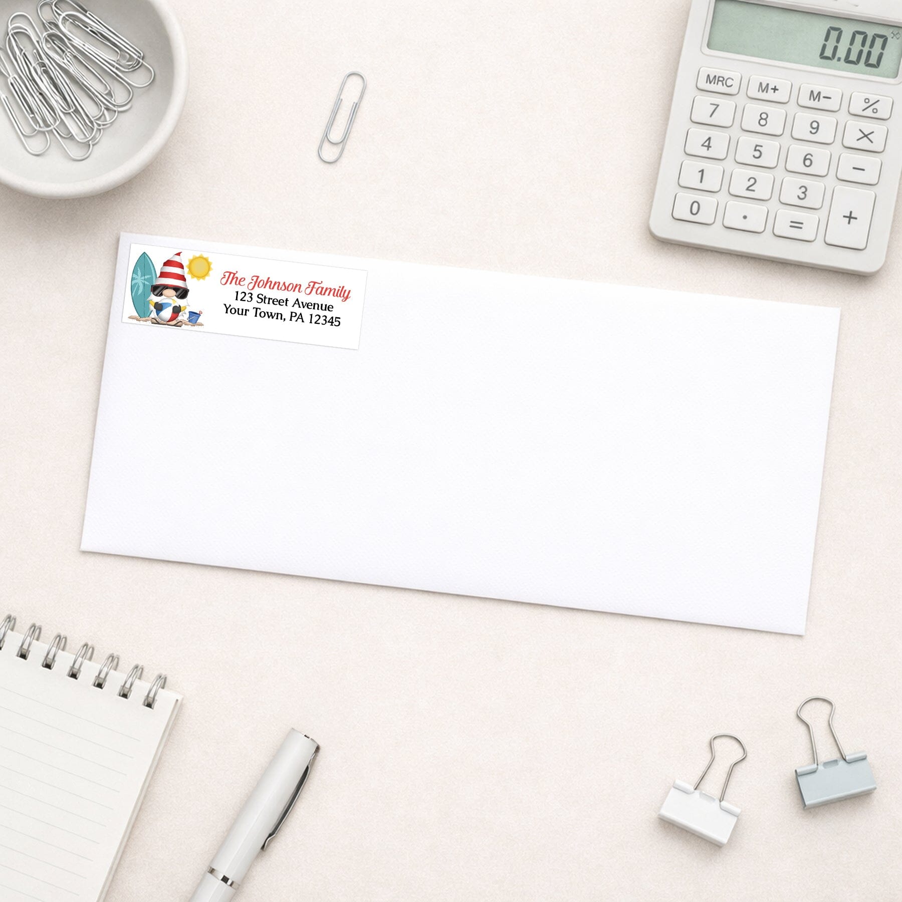 Summer Beach Gnome Address Label shown on a white envelope with office supplies