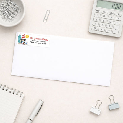 Summer Beach Gnome Address Label shown on a white envelope with office supplies