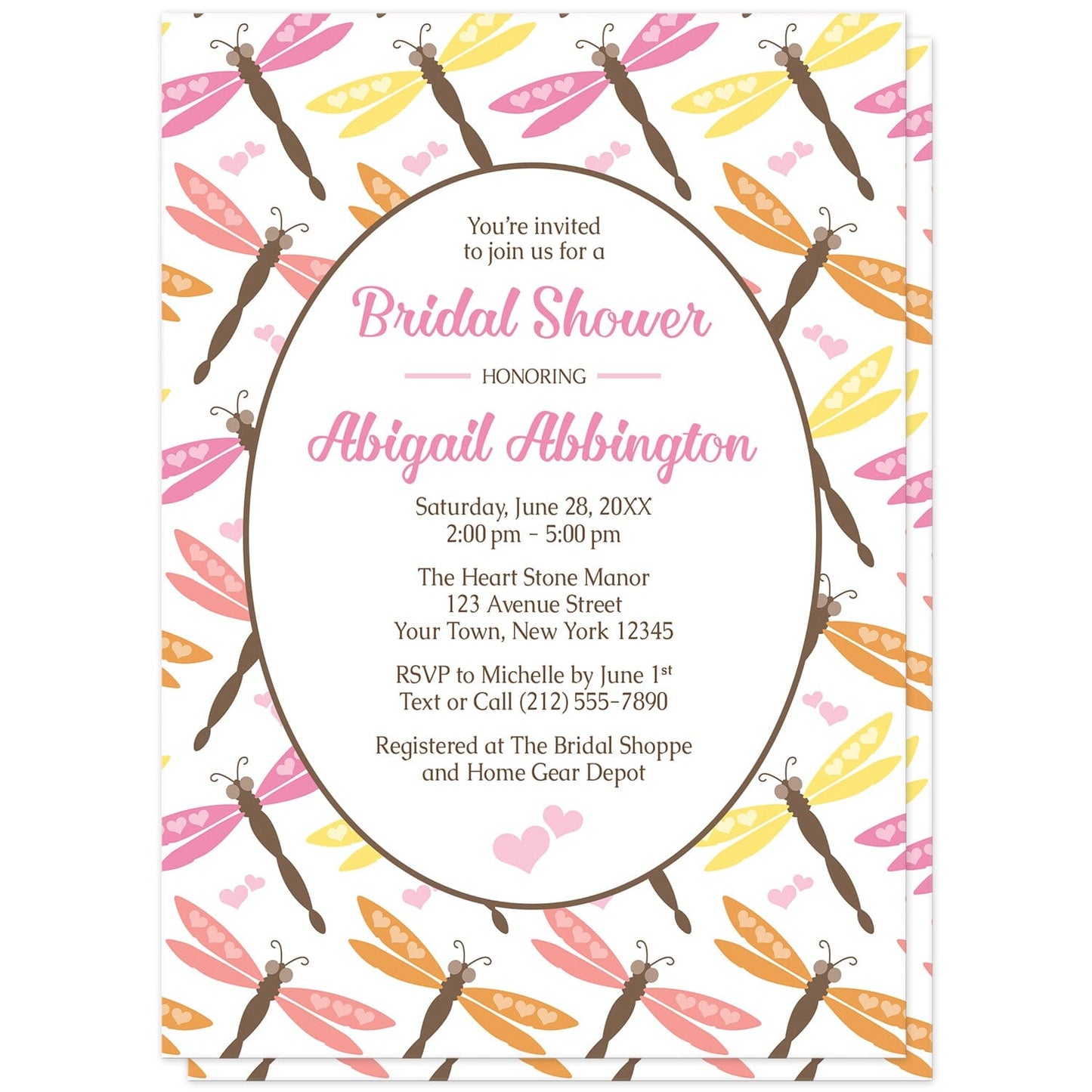 Summer Dragonfly Bridal Shower Invitation designed with a pattern of dragonflies in pink, peach, orange, yellow, and brown with small heart accents.