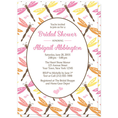 Summer Dragonfly Bridal Shower Invitation designed with a pattern of dragonflies in pink, peach, orange, yellow, and brown with small heart accents.