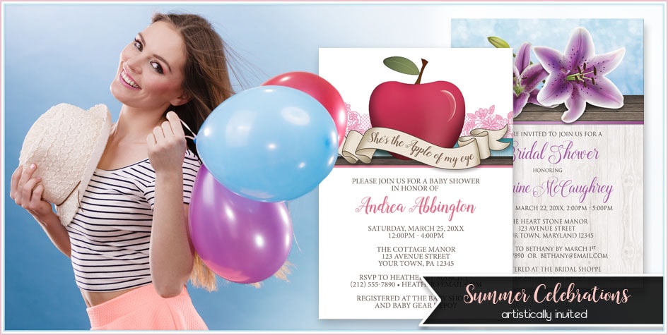 Woman holding balloons with shower invitations in the background and a Summer Celebrations at Artistically Invited label.