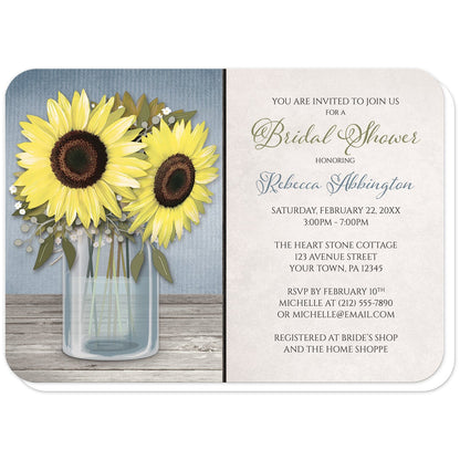 Sunflower Blue Mason Jar Rustic Bridal Shower Invitations (with rounded corners) at Artistically Invited. Country-inspired sunflower blue mason jar rustic bridal shower invitations designed with an illustration of a mason jar with water, holding big yellow sunflowers on a light wood tabletop over a rustic blue background. Your personalized bridal shower celebration details are custom printed in blue, green, and dark brown over a light parchment-like background to the right of the sunflower mason jar design.