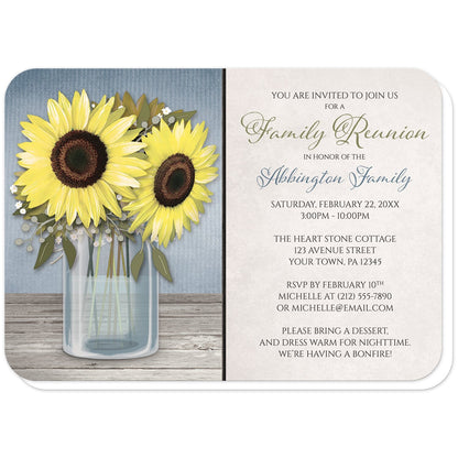 Sunflower Blue Mason Jar Rustic Family Reunion Invitations (with rounded corners) at Artistically Invited. Country-inspired invites designed with an illustration of a mason jar with water, holding big yellow sunflowers on a light wood tabletop over a rustic blue background. Your personalized family reunion gathering details are custom printed in blue, green, and dark brown over a light parchment-like background to the right of the sunflower mason jar design.