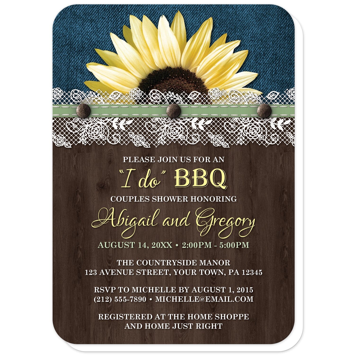 Sunflower Denim Wood Lace I Do BBQ Couples Shower Invitations (with rounded corners) at Artistically Invited. Rustic sunflower denim wood lace 'I Do' BBQ couples shower invitations with a vibrant yellow sunflower with a white lace and green ribbon illustration over blue denim along the top. Your personalized couples shower celebration details are custom printed in yellow, green, and white over a dark brown wood background below the sunflower. 
