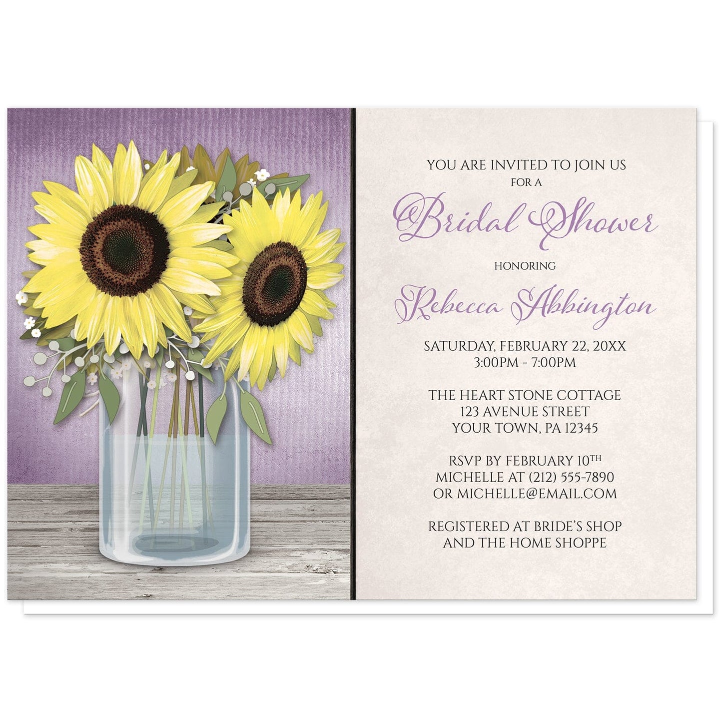 Sunflower Purple Mason Jar Rustic Bridal Shower Invitations at Artistically Invited. Country-inspired sunflower purple mason jar rustic bridal shower invitations designed with an illustration of a mason jar with water, holding big yellow sunflowers on a light wood tabletop over a rustic purple background. Your personalized bridal shower celebration details are custom printed in purple and dark brown over a light parchment-like background to the right of the sunflower mason jar design.