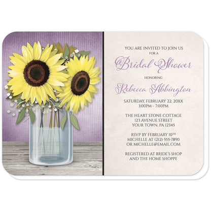Sunflower Purple Mason Jar Rustic Bridal Shower Invitations (with rounded corners) at Artistically Invited. Country-inspired sunflower purple mason jar rustic bridal shower invitations designed with an illustration of a mason jar with water, holding big yellow sunflowers on a light wood tabletop over a rustic purple background. Your personalized bridal shower celebration details are custom printed in purple and dark brown over a light parchment-like background to the right of the sunflower mason jar design.
