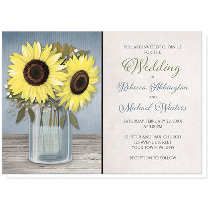 Sunflower Rustic Mason Jar Blue Wedding Invitations at Artistically Invited. Country-inspired sunflower blue mason jar rustic wedding invitations designed with an illustration of a mason jar with water, holding big yellow sunflowers on a light wood tabletop over a rustic blue background. Your personalized marriage celebration details are custom printed in blue, green, and dark brown over a light parchment-like background to the right of the sunflower mason jar design.