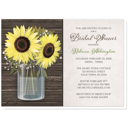 Sunflower Wood Mason Jar Rustic Bridal Shower Invitations at Artistically Invited. Country-inspired sunflower wood mason jar rustic bridal shower invitations designed with an illustrated glass mason jar with water holding big yellow sunflowers over rustic brown wood. Your personalized bridal shower celebration details are custom printed in green and brown over a light parchment-like background to the right of the mason jar design. 