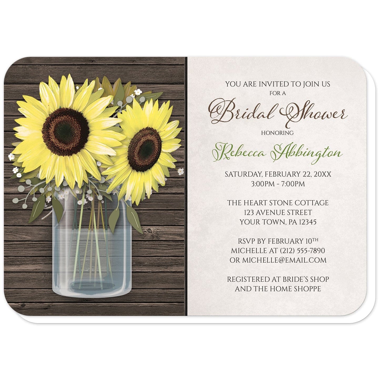 Sunflower Wood Mason Jar Rustic Bridal Shower Invitations (with rounded corners) at Artistically Invited. Country-inspired sunflower wood mason jar rustic bridal shower invitations designed with an illustrated glass mason jar with water holding big yellow sunflowers over rustic brown wood. Your personalized bridal shower celebration details are custom printed in green and brown over a light parchment-like background to the right of the mason jar design. 