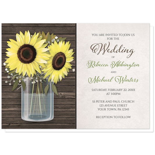 Sunflower Wood Mason Jar Rustic Wedding Invitations at Artistically Invited. Country-inspired sunflower wood mason jar rustic wedding invitations designed with an illustrated glass mason jar with water holding big yellow sunflowers over rustic brown wood. Your personalized marriage celebration details are custom printed in green and brown over a light parchment-like background to the right of the mason jar design. 