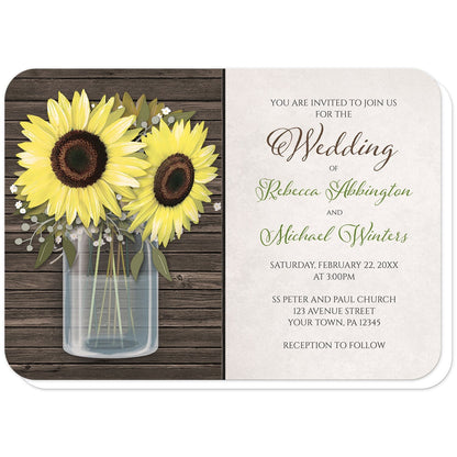 Sunflower Wood Mason Jar Rustic Wedding Invitations (rounded corners) at Artistically Invited. Country-inspired sunflower wood mason jar rustic wedding invitations designed with an illustrated glass mason jar with water holding big yellow sunflowers over rustic brown wood. Your personalized marriage celebration details are custom printed in green and brown over a light parchment-like background to the right of the mason jar design. 