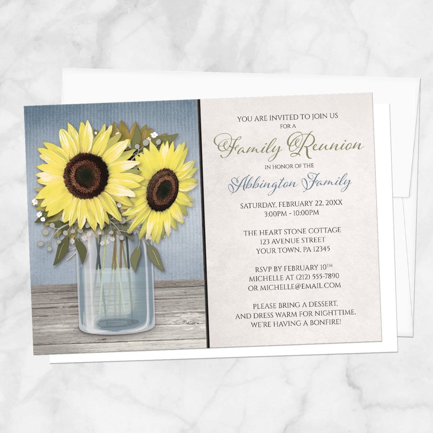 Sunflower Blue Mason Jar Rustic Family Reunion Invitation shown on a marble surface with a white envelope.