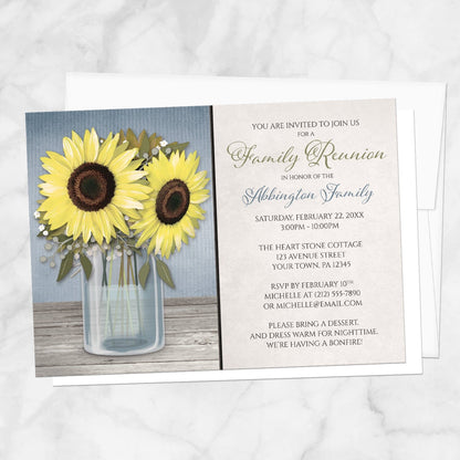 Sunflower Blue Mason Jar Rustic Family Reunion Invitation shown on a marble surface with a white envelope.
