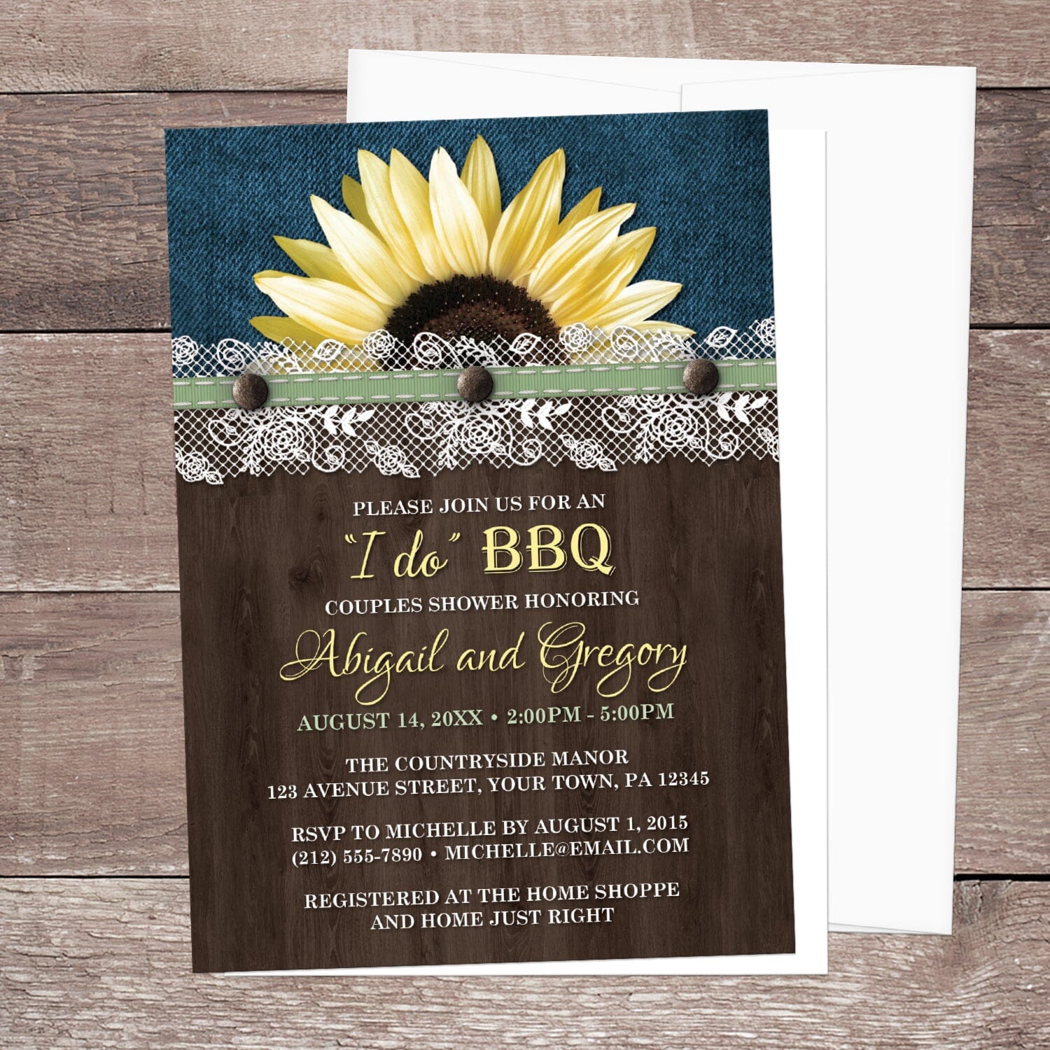 Sunflower Denim Wood Lace I Do BBQ Couples Shower Invitation shown on a brown wood surface with a white envelope.