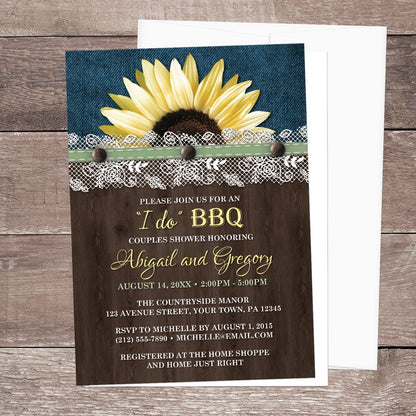 Sunflower Denim Wood Lace I Do BBQ Couples Shower Invitation shown on a brown wood surface with a white envelope.