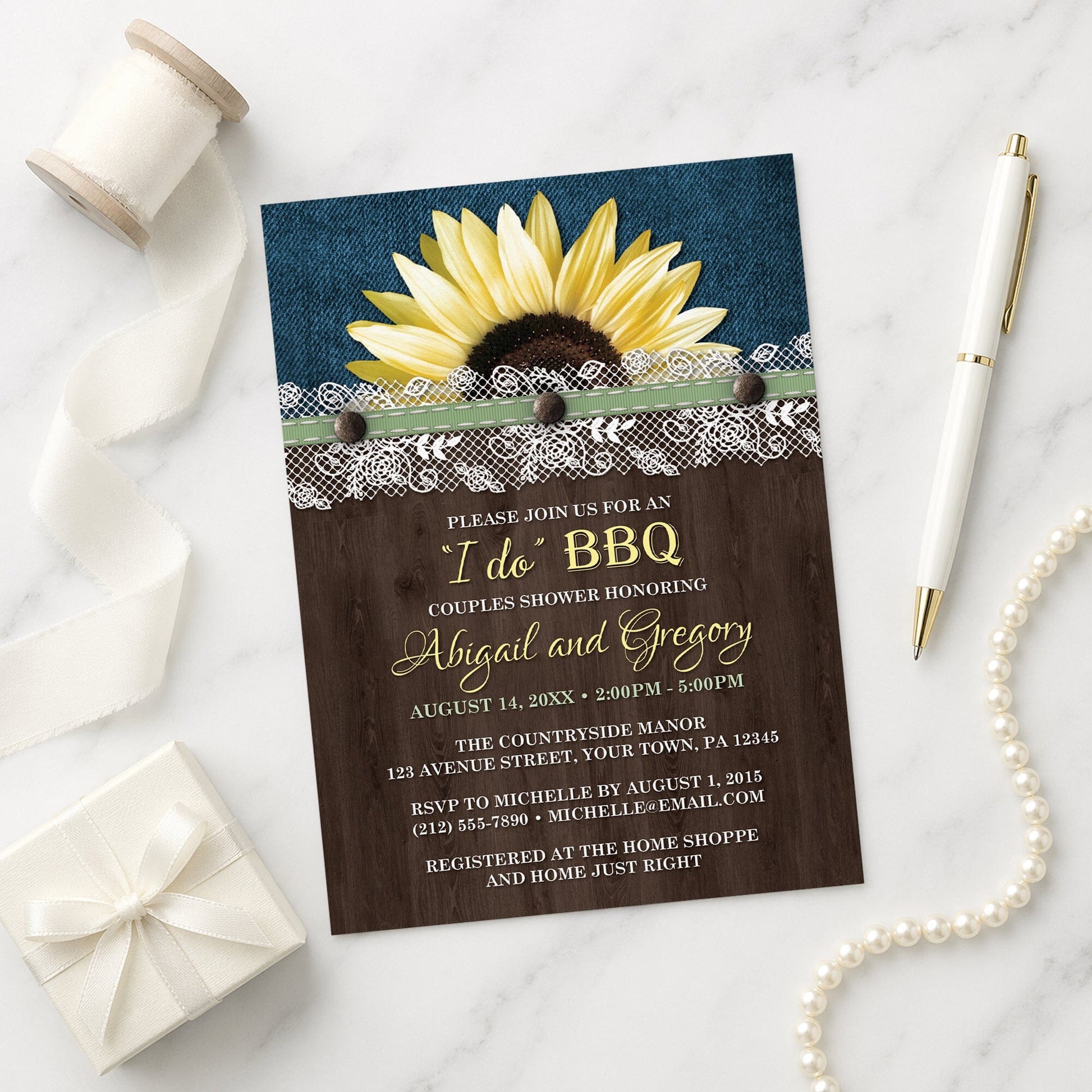 Sunflower Denim Wood Lace I Do BBQ Couples Shower Invitation shown on a marble surface with a white gift box, pen, ribbon, and pearls.