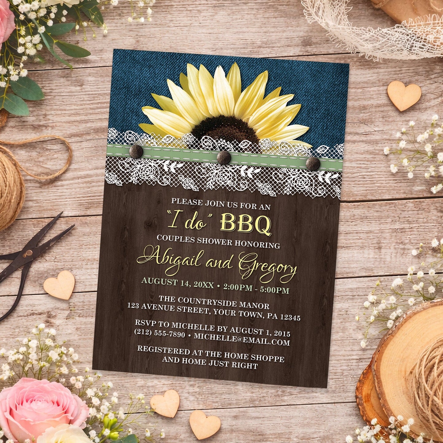 Sunflower Denim Wood Lace I Do BBQ Couples Shower Invitation shown on a wooden surface with spring and summer flowers, small wood hearts, lace, and twine.