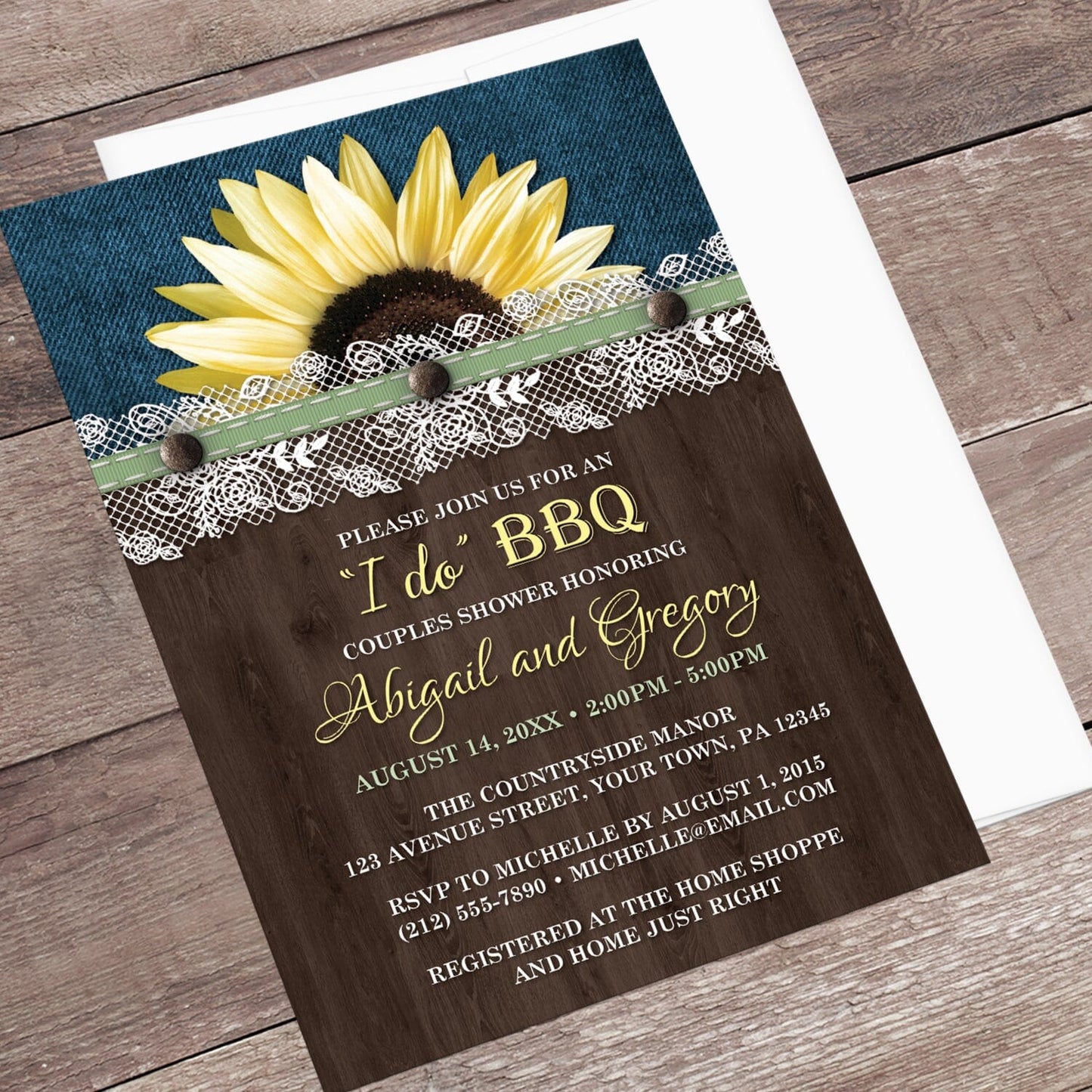 Sunflower Denim Wood Lace I Do BBQ Couples Shower Invitation shown at an angle on a brown wood surface with a white envelope.