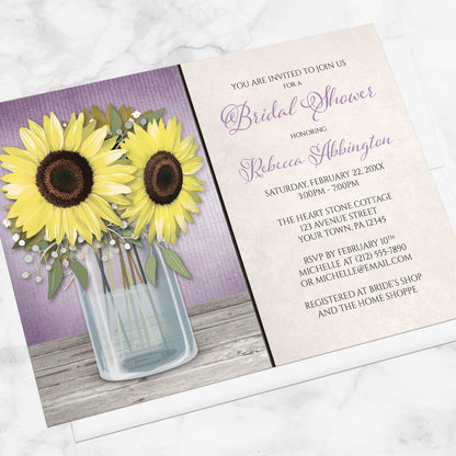 Bridal shower invitation with sunflowers and purple design displayed at an angle with a white envelope on a marble surface