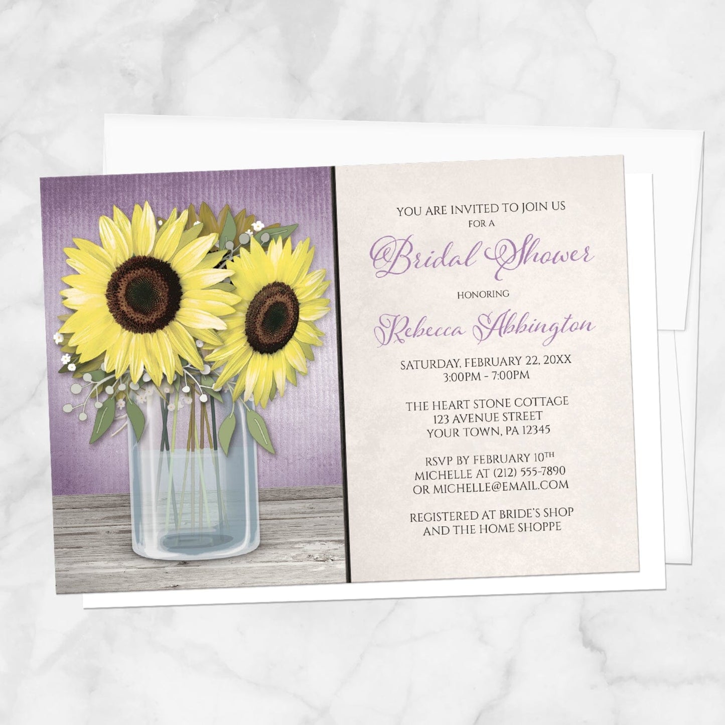 Bridal shower invitation with sunflowers and purple design displayed with a white envelope on a marble surface
