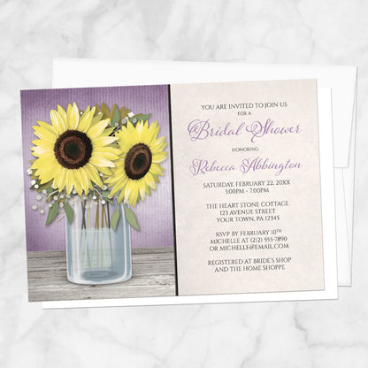 Bridal shower invitation with sunflowers and purple design displayed with a white envelope on a marble surface
