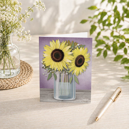 Sunflower Purple Mason Jar Rustic Note Card on a tabletop with a vase, summer flowers, and a pen.