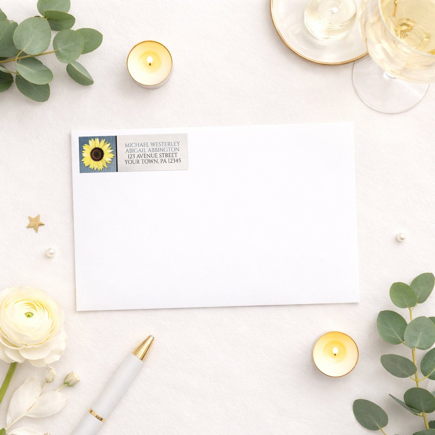 Sunflower and Blue Rustic Address Label shown on a white envelope with wedding and bridal shower supplies