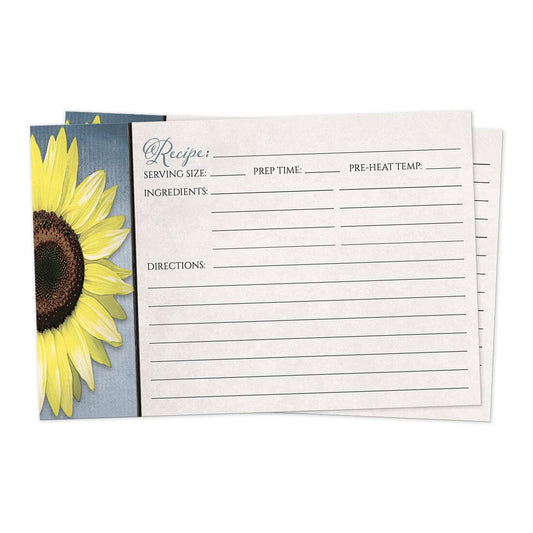 Front side of the Sunflower and Blue Rustic Recipe Cards