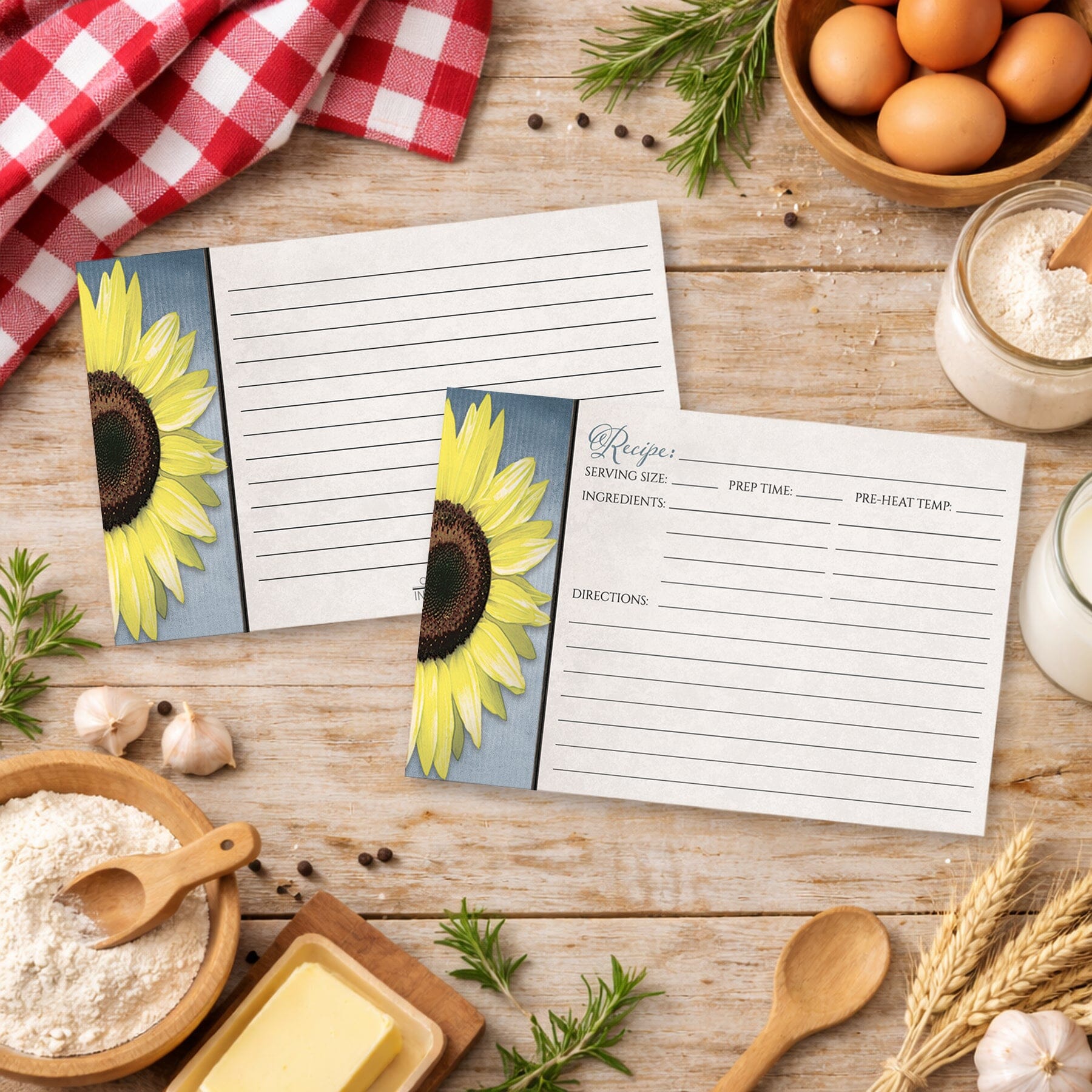 Set of Sunflower and Blue Rustic Recipe Cards on a wooden table with country cooking ingredients.