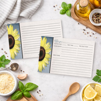 Set of Sunflower and Blue Rustic Recipe Cards on a kitchen counter with ingredients.