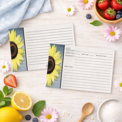 Set of Sunflower and Blue Rustic Recipe Cards on a wooden surface with summer fruits and flowers.