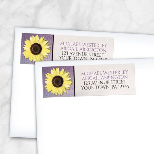 2 Sunflower and Purple Rustic Address Labels shown on white envelopes on a marble surface