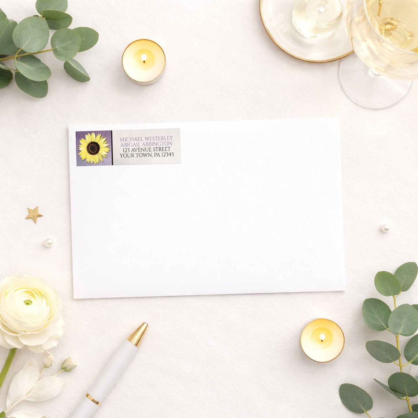 Sunflower and Purple Rustic Address Label shown on a white envelope with wedding and bridal shower supplies