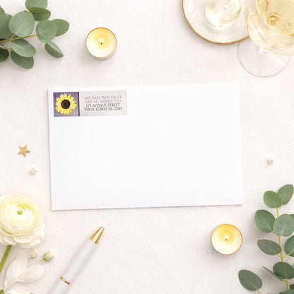 Sunflower and Purple Rustic Address Label shown on a white envelope with wedding and bridal shower supplies