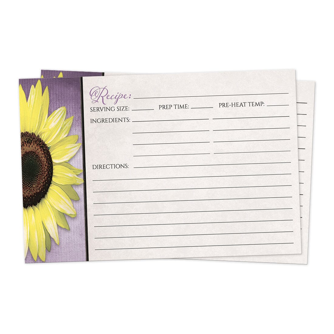 Front side of the Sunflower and Purple Rustic Recipe Cards