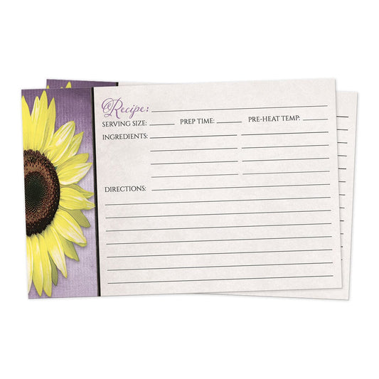 Front side of the Sunflower and Purple Rustic Recipe Cards