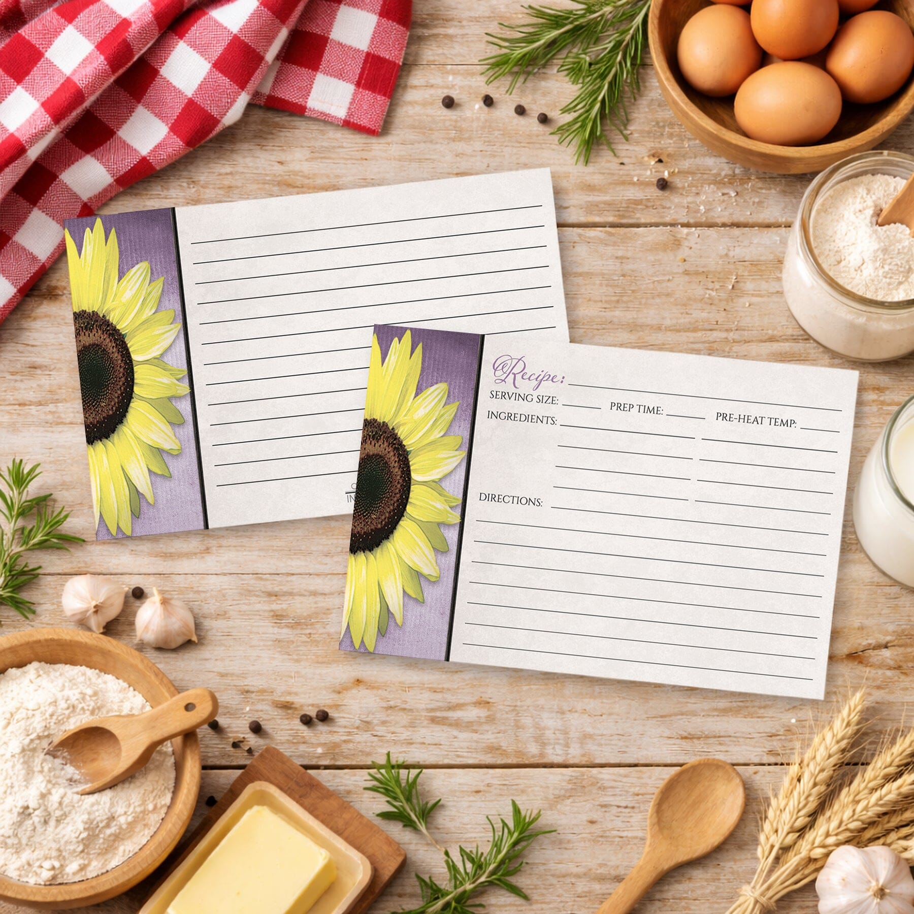 Set of Sunflower and Purple Rustic Recipe Cards on a wooden table with country items and cooking ingredients.