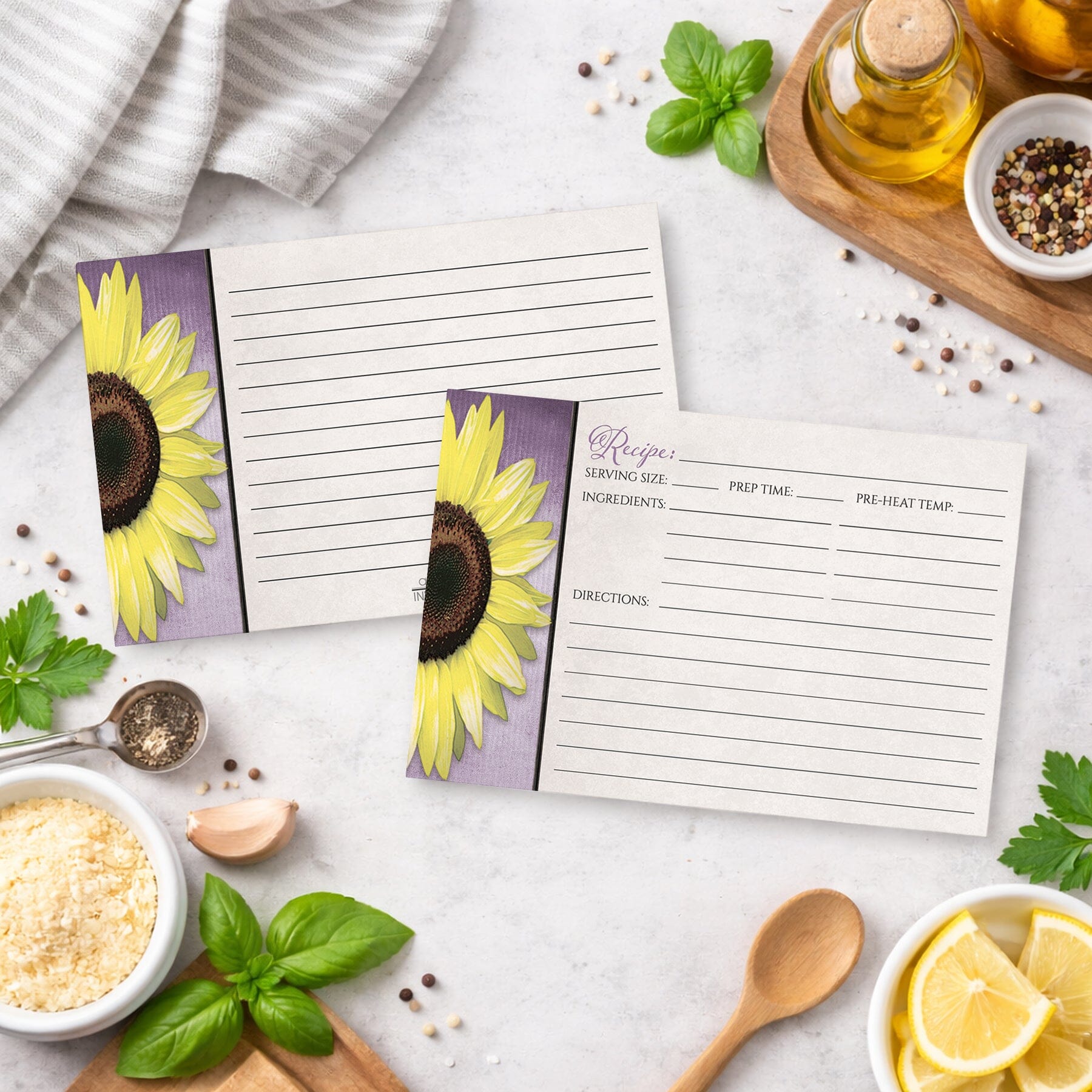 Set of Sunflower and Purple Rustic Recipe Cards on a kitchen counter with ingredients.