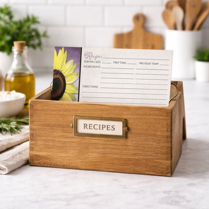 Wooden recipe box with a Sunflower and Purple Rustic Recipe Card on a kitchen counter