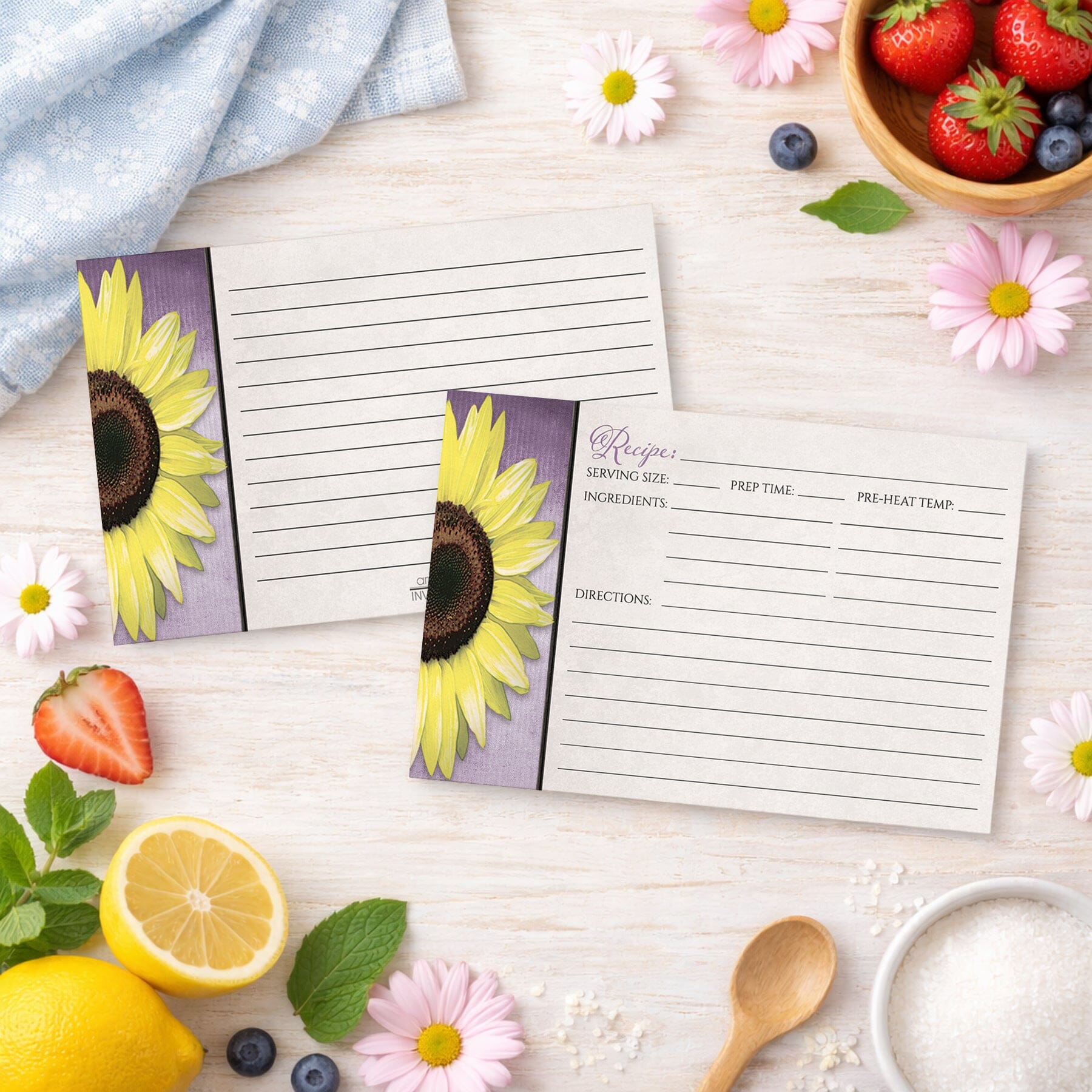 Set of Sunflower and Purple Rustic Recipe Cards on a wooden surface with summer fruits and flowers.