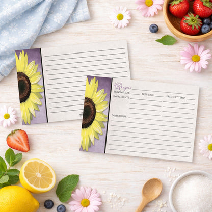 Set of Sunflower and Purple Rustic Recipe Cards on a wooden surface with summer fruits and flowers.