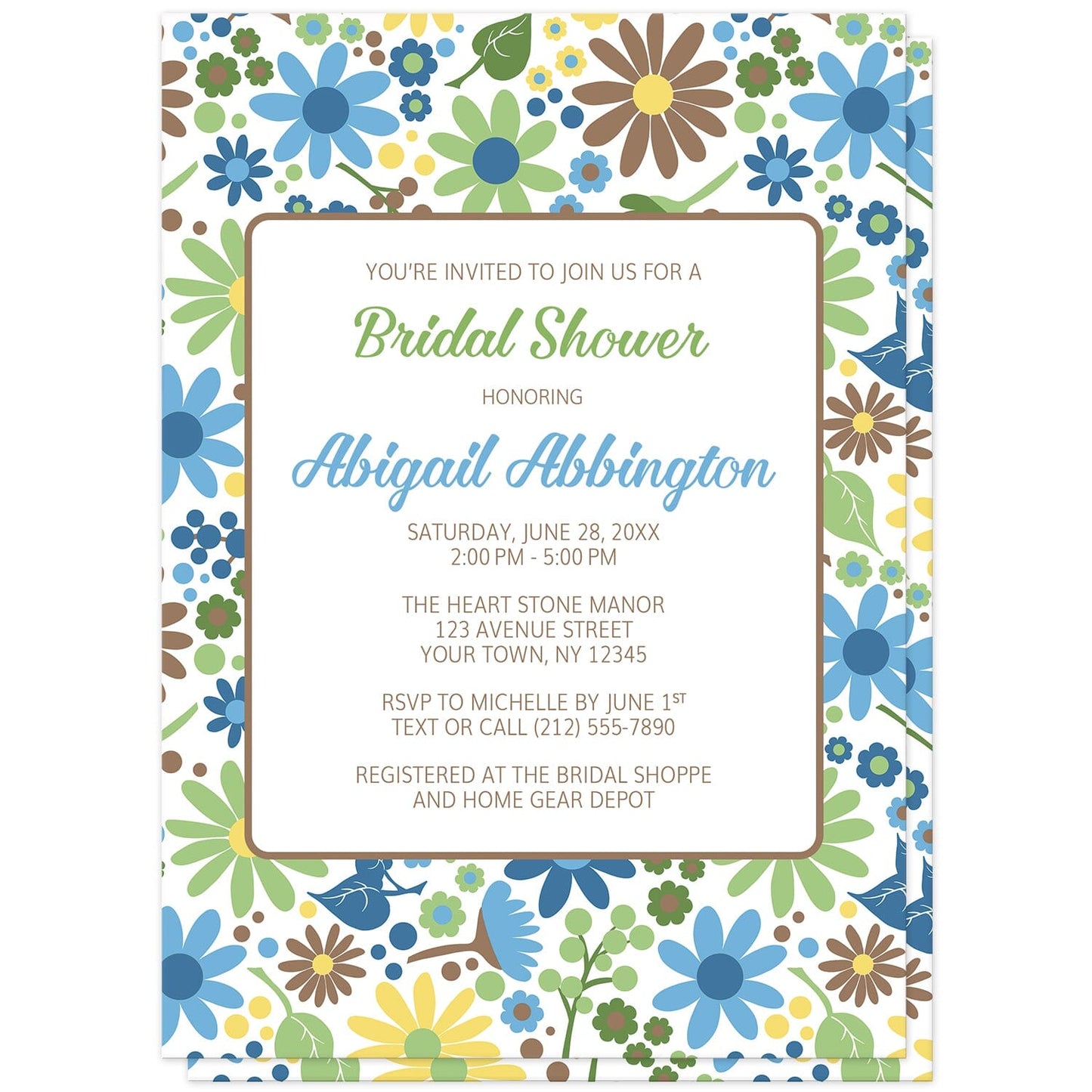 Sunny Summer Flowers Bridal Shower Invitations at Artistically Invited. Invitations designed with your personalized bridal shower details custom printed in green, blue, and brown inside a white rectangular area outlined in brown, over a sunny summer pattern of wildflowers. These floral bridal shower invitations are perfect for your summer bridal shower celebrations when the bride-to-be loves flowers and wildflowers, and pretty floral designs.