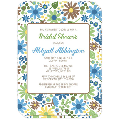 Sunny Summer Flowers Bridal Shower Invitations (with rounded corners) at Artistically Invited. Invitations designed with your personalized bridal shower details custom printed in green, blue, and brown inside a white rectangular area outlined in brown, over a sunny summer pattern of wildflowers. These floral bridal shower invitations are perfect for your summer bridal shower celebrations when the bride-to-be loves flowers and wildflowers, and pretty floral designs.
