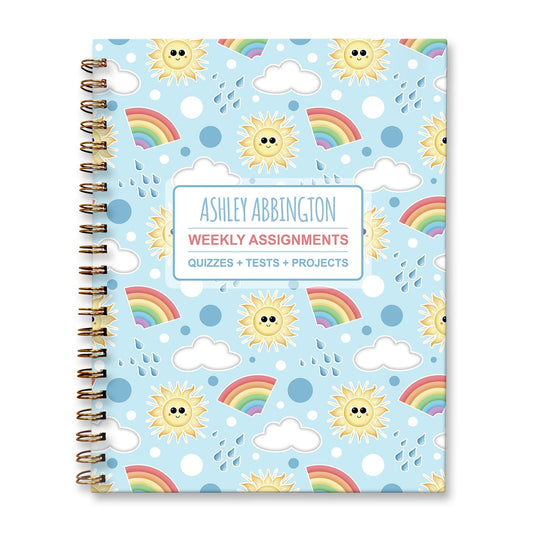 Personalized Sunshine Rainbows Weekly Assignments Book for students to track their homework, quizzes and tests, and projects every week for school. 