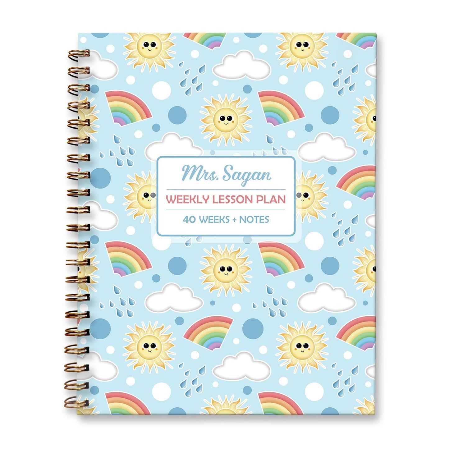 Personalized Sunshine Rainbows Weekly Lesson Plan Book at Artistically Invited. Hardcover planner book for teachers or homeschooling.
